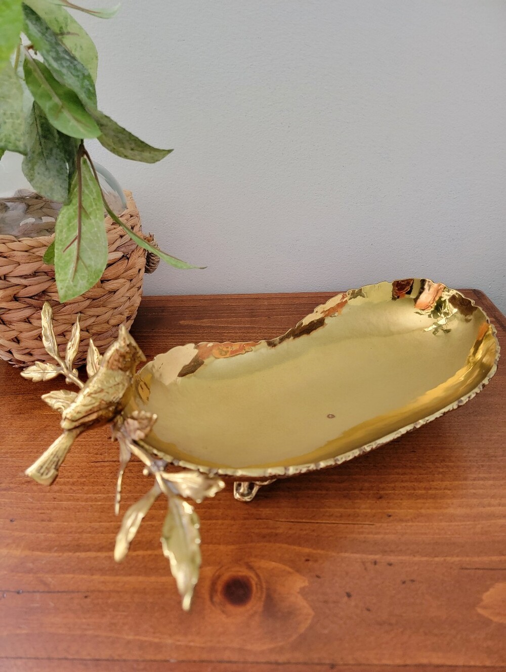 Gold-Tone Metal Catchall Trinket Bowl Tray Bird Perched On Branch Centerpiece - Picture 16 of 16